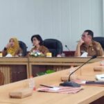 Rapat persiapan Hari Jadi ke-69 Kalimantan Tengah, Linae Victoria Aden duduk di meja kayu dengan mikrofon, suasana kantor pemerintah